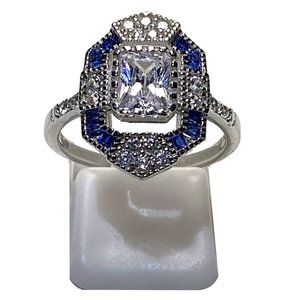 Vintage Estate Inspired Ring - Synthetic Sapphire & Diamonds - Size 6 or 7
